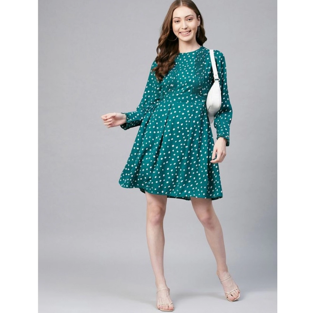 Polyester Polka Long Sleeves Above Knee Dress (Green - White) - Image 6
