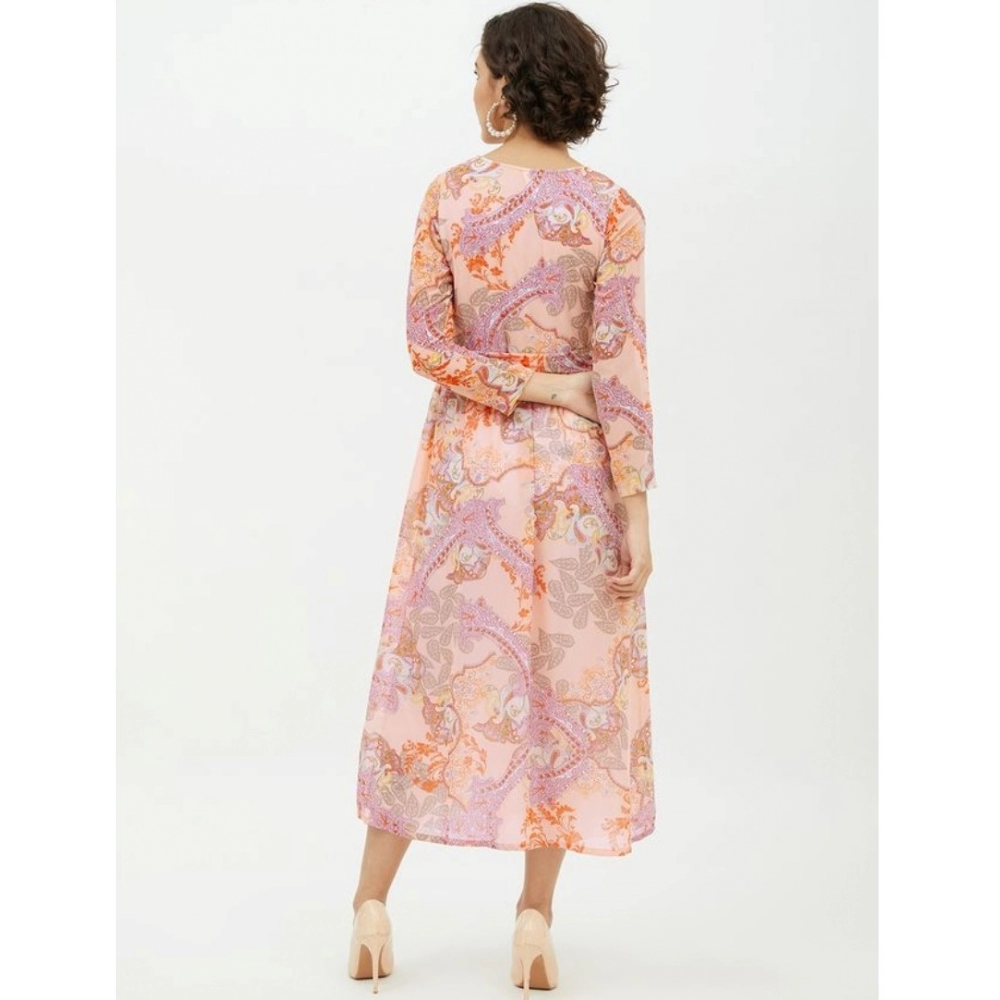 Polyester Printed Long Sleeves Calf-length Dress (Multicolor) - Image 7