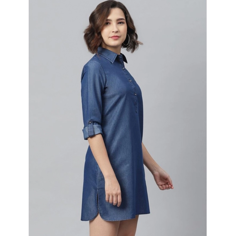 Denim Solid Long Sleeves Above Knee Dress (Navy Blue) - Image 3