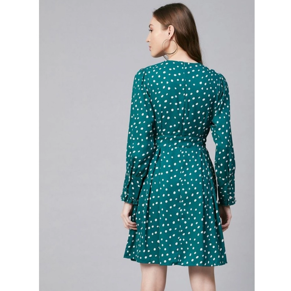 Polyester Polka Long Sleeves Above Knee Dress (Green - White) - Image 7