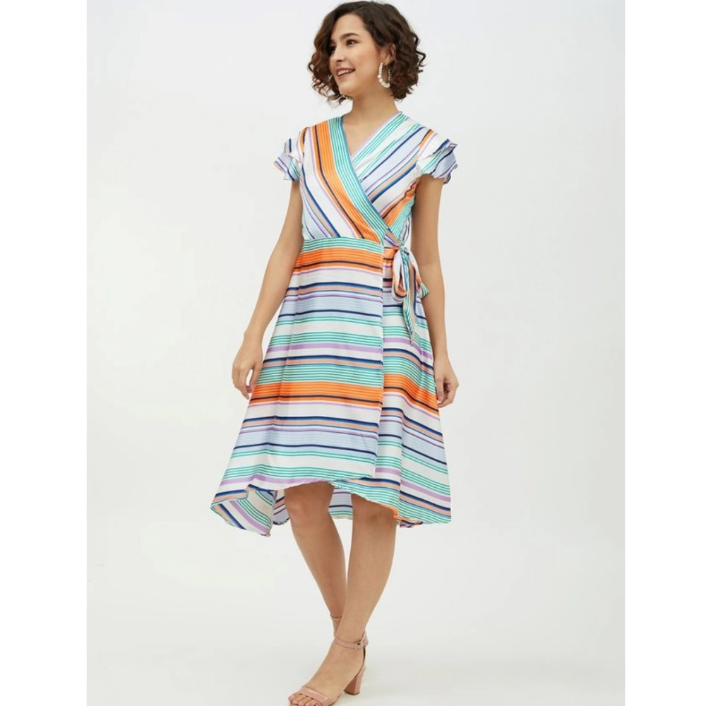 Satin Striped Short Sleeve Knee-Length Dress (Multicolor) - Image 3