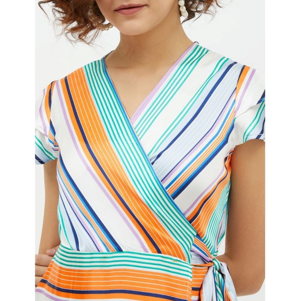 Satin Striped Short Sleeve Knee-Length Dress (Multicolor) - Image 2