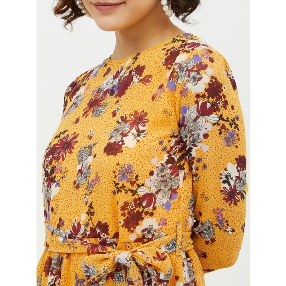 Polyester Floral Long Sleeves Calf-length Dress (Multicolor) - Image 2