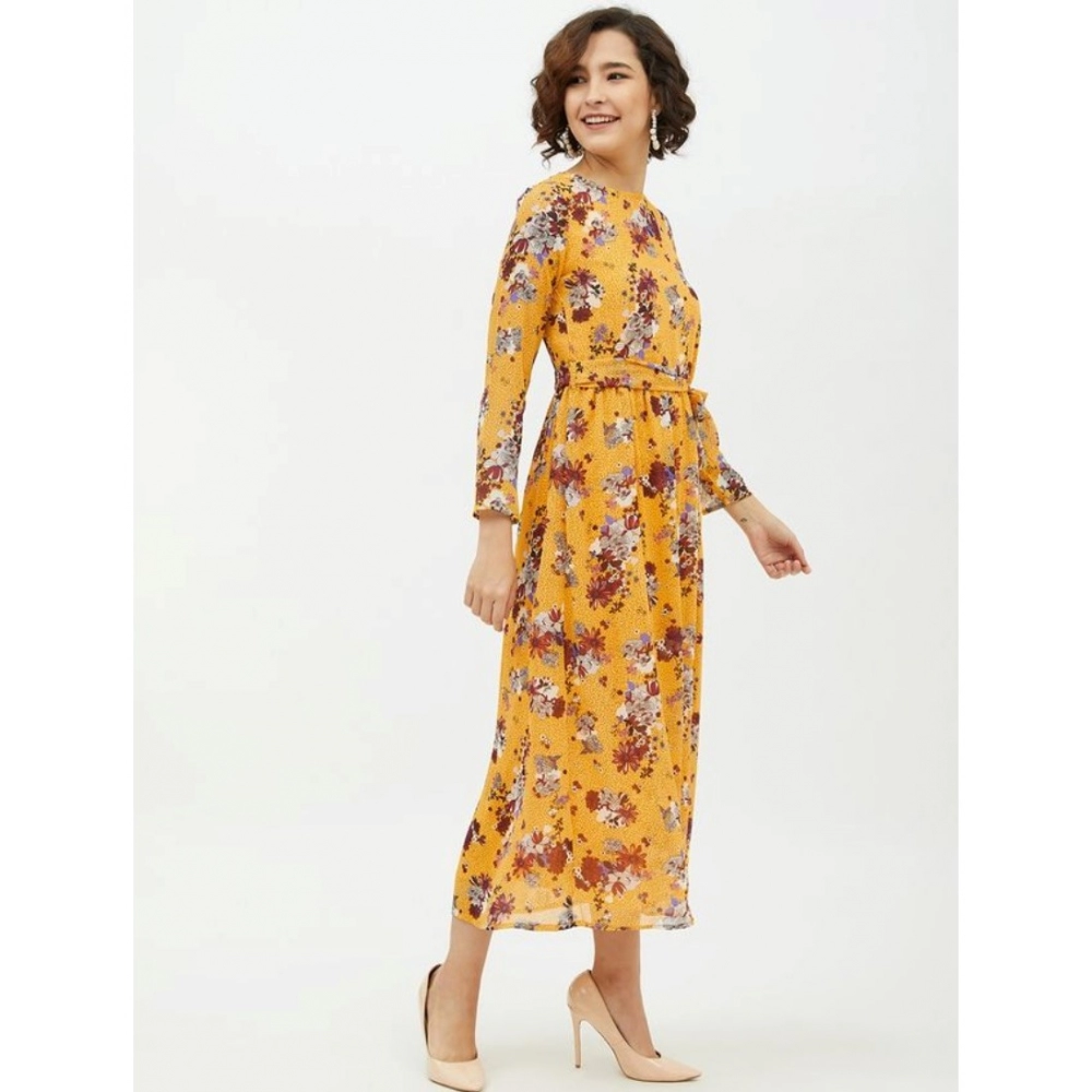 Polyester Floral Long Sleeves Calf-length Dress (Multicolor) - Image 4