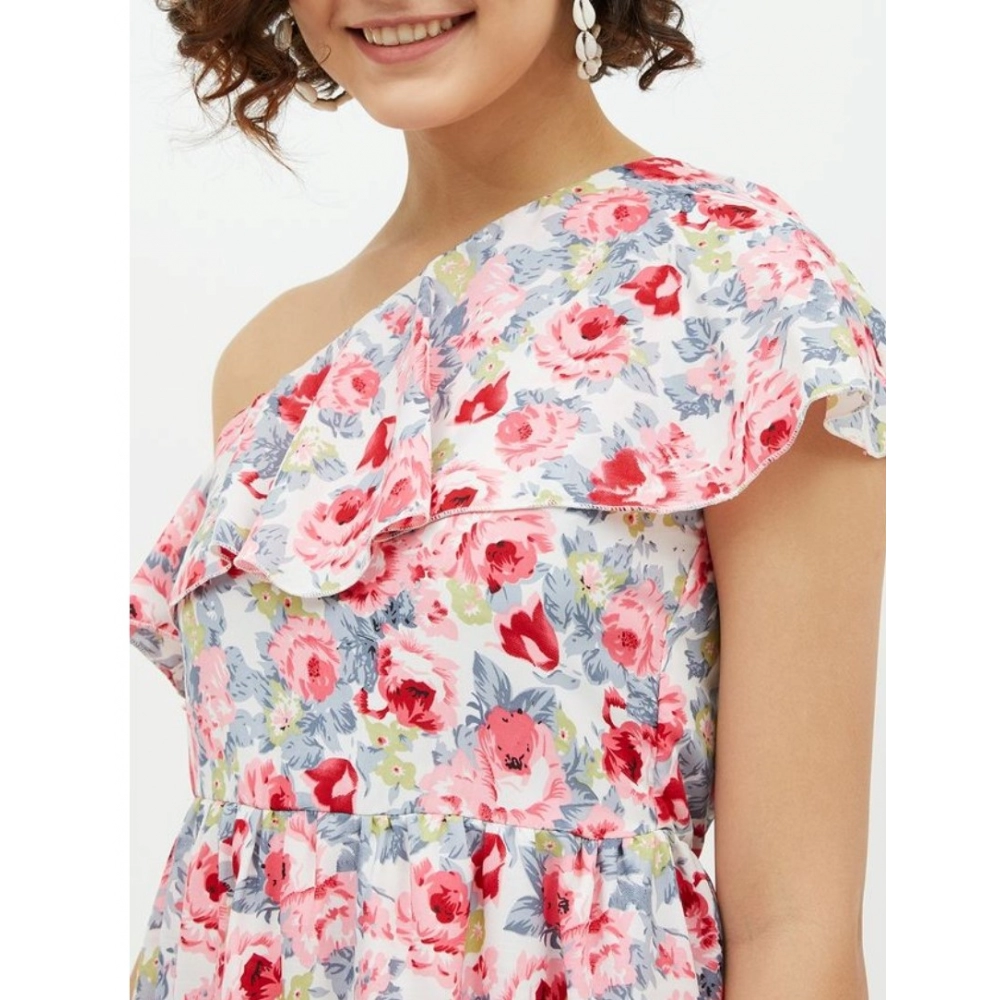 Polyester Floral One Shoulder Calf-length Dress (Multicolor) - Image 2