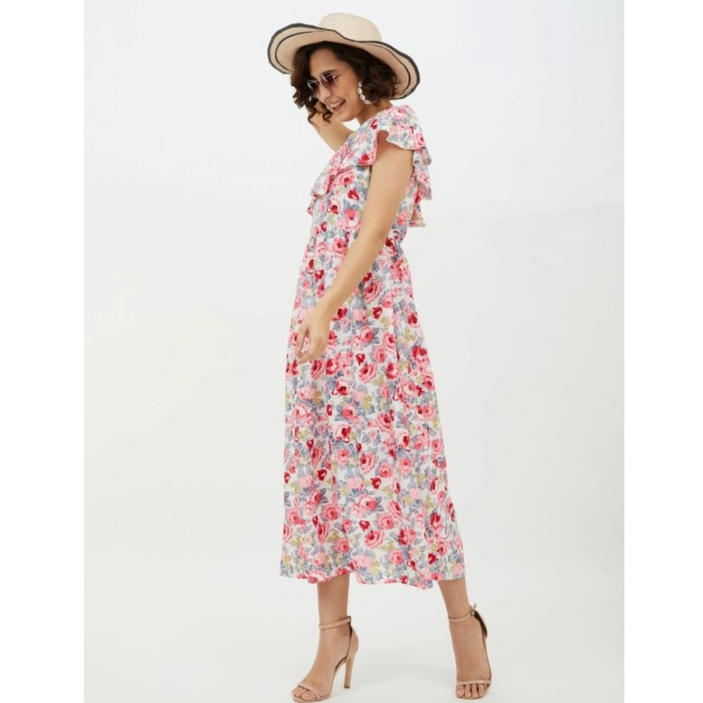Polyester Floral One Shoulder Calf-length Dress (Multicolor) - Image 6