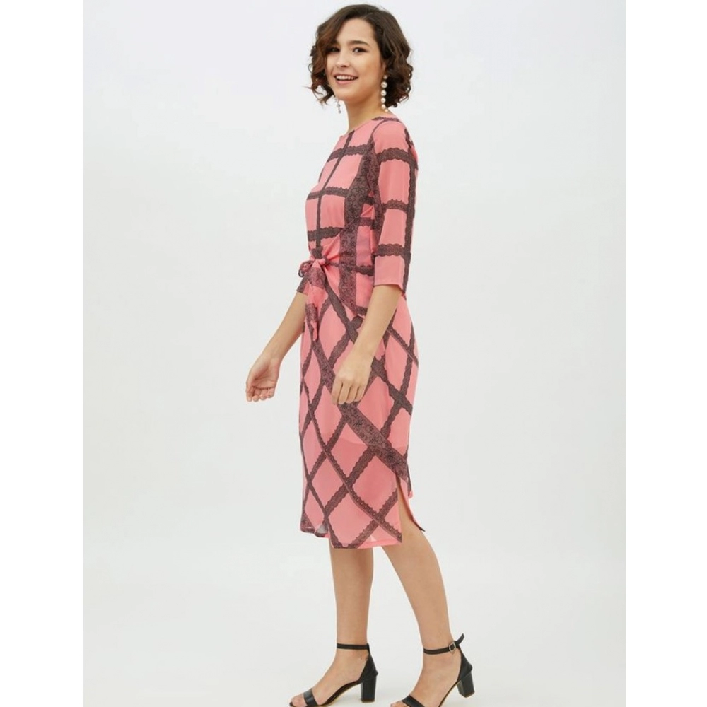 Polyester Checkered 3-4th Sleeves Below Knee Dress (Pink) - Image 3
