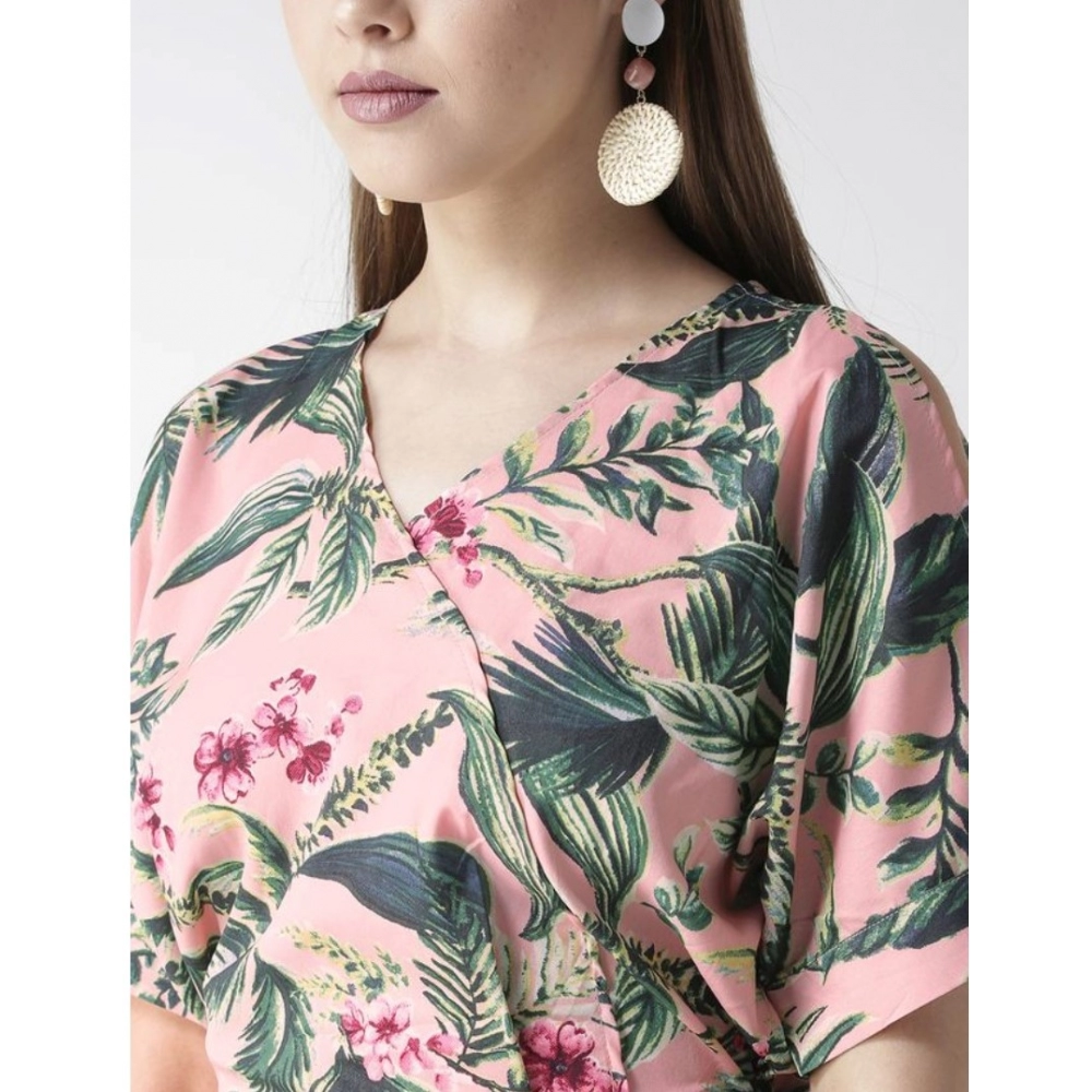 Polyester Floral Half Sleeve Jumpsuit (Pink) - Image 2