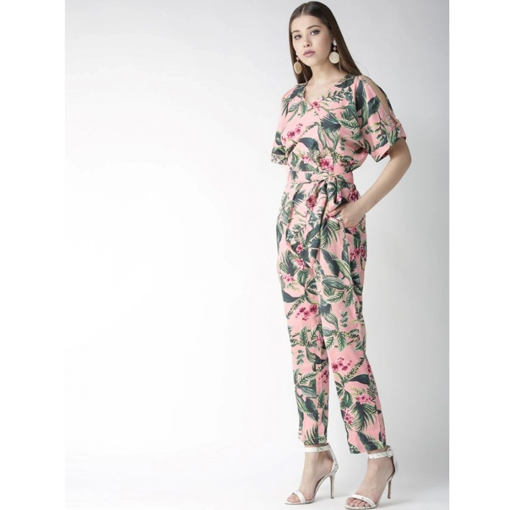 Polyester Floral Half Sleeve Jumpsuit (Pink) - Image 3