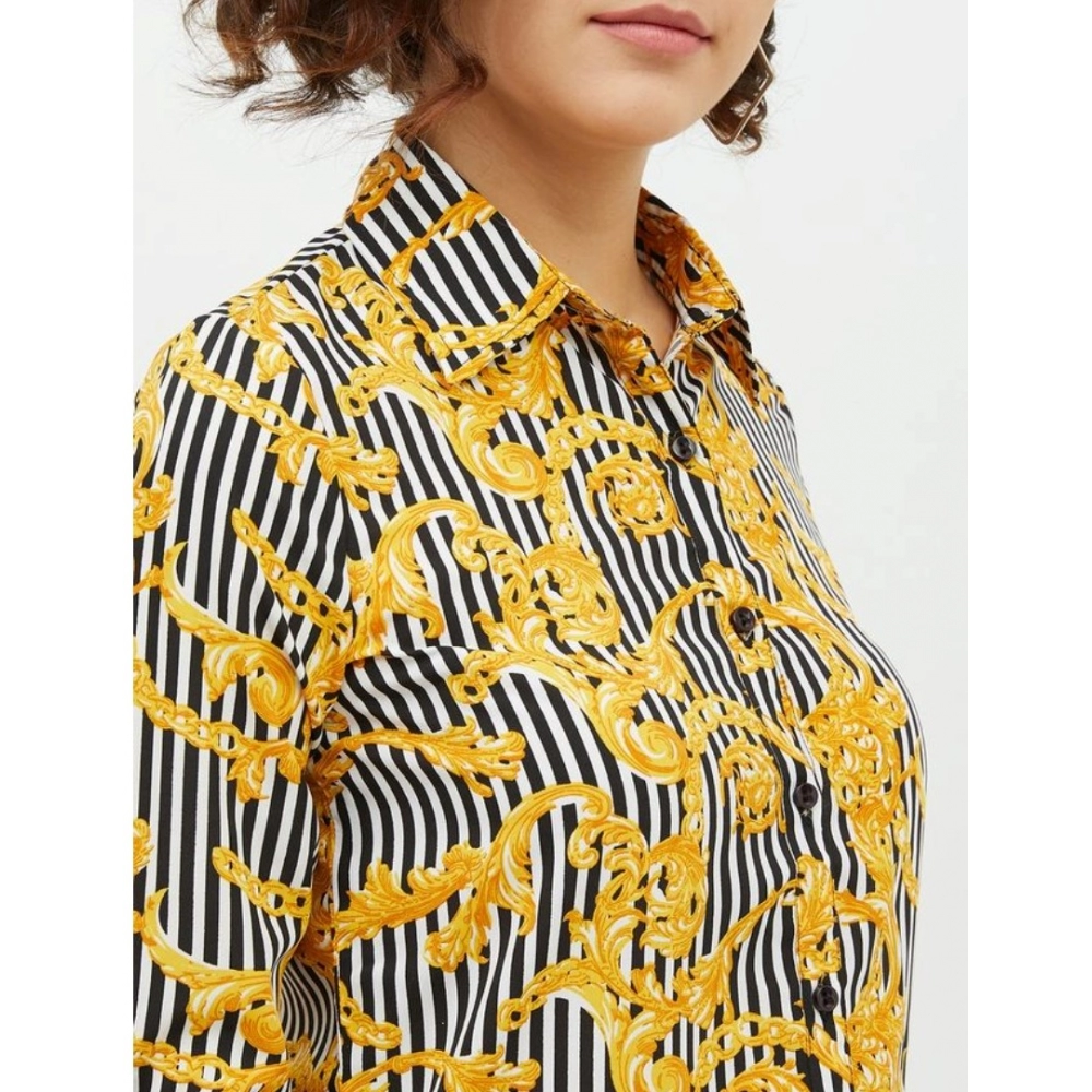 Polyester Printed Roll Up Sleeve Standard Length Shirt (Mustared) - Image 2