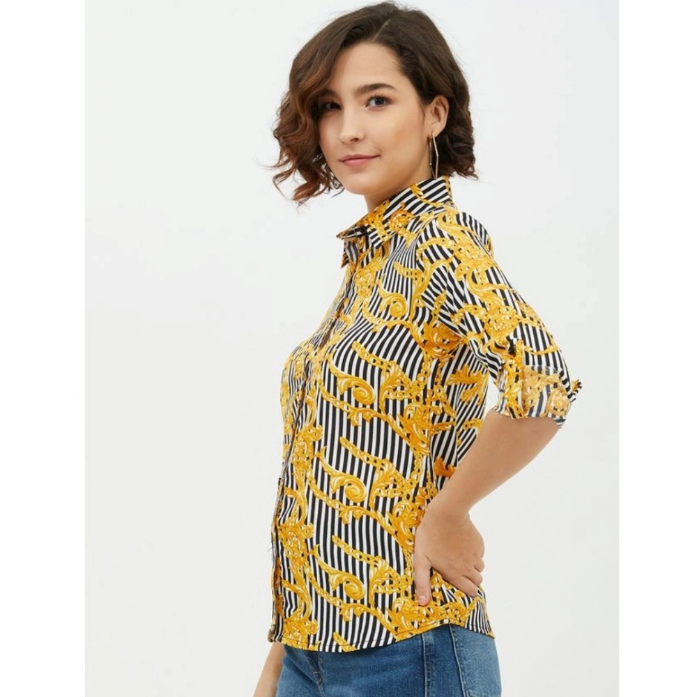 Polyester Printed Roll Up Sleeve Standard Length Shirt (Mustared) - Image 3