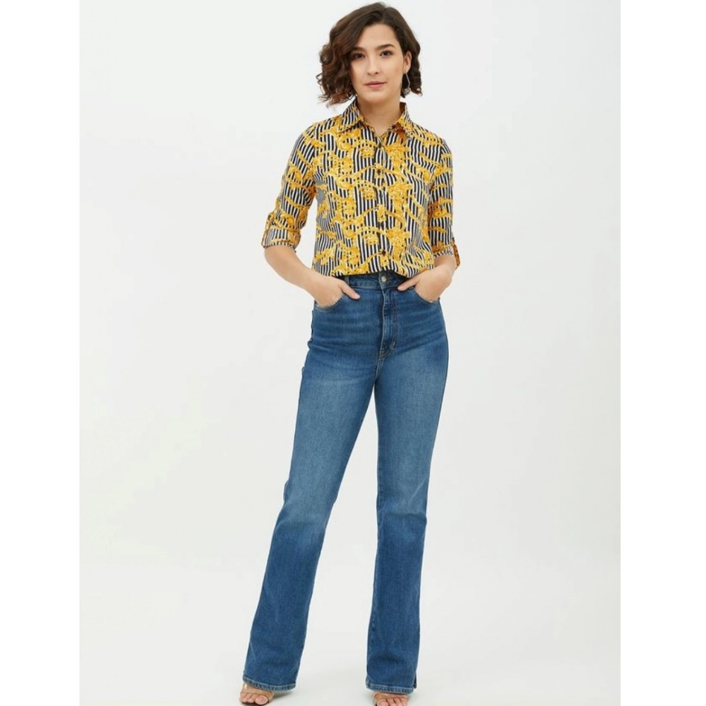 Polyester Printed Roll Up Sleeve Standard Length Shirt (Mustared) - Image 6