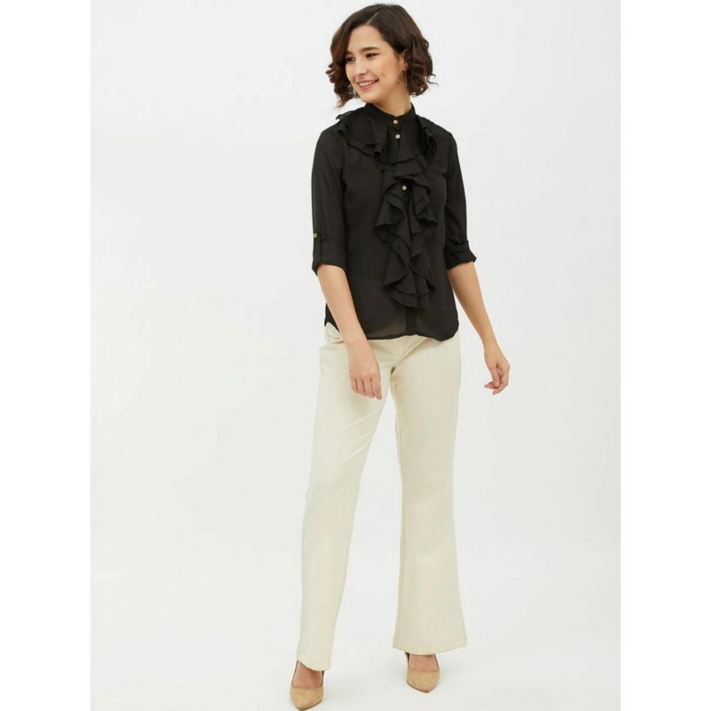 Polyester Ruffled Long Sleeves Standard Length Shirt (Black) - Image 6