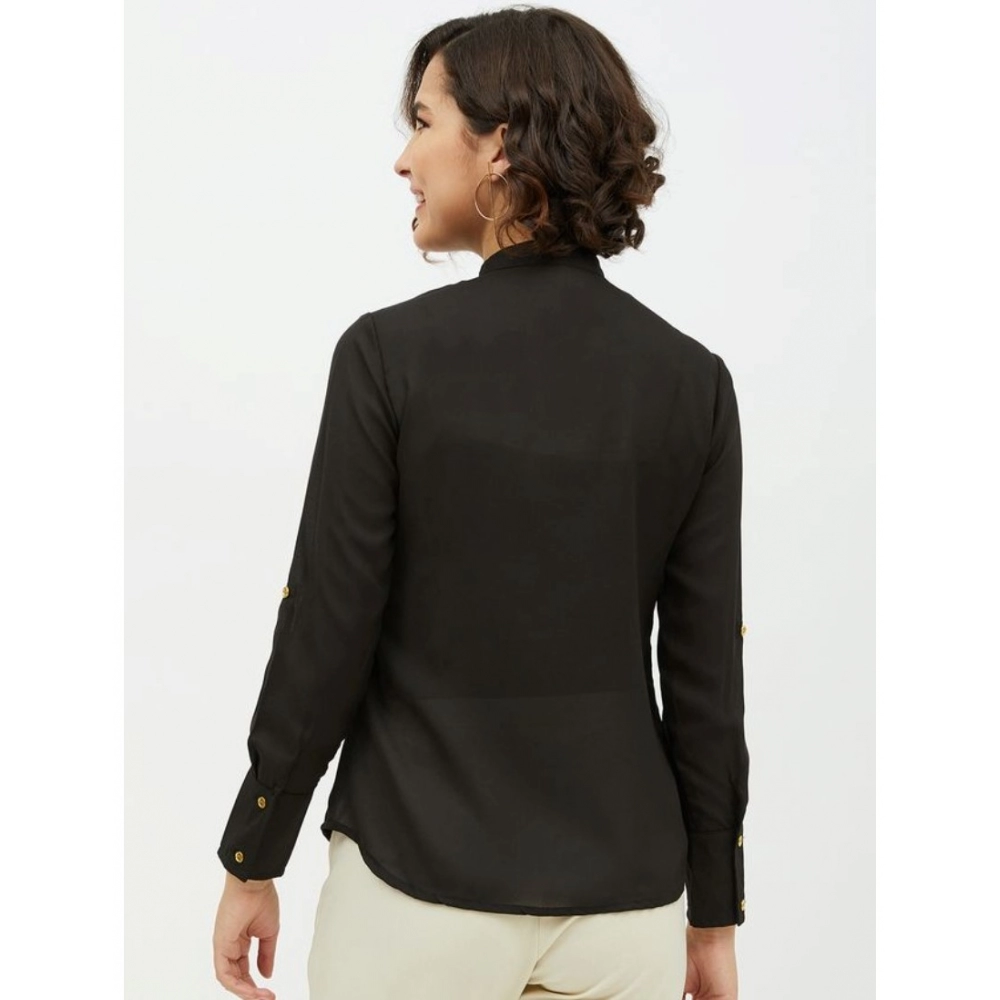 Polyester Ruffled Long Sleeves Standard Length Shirt (Black) - Image 7