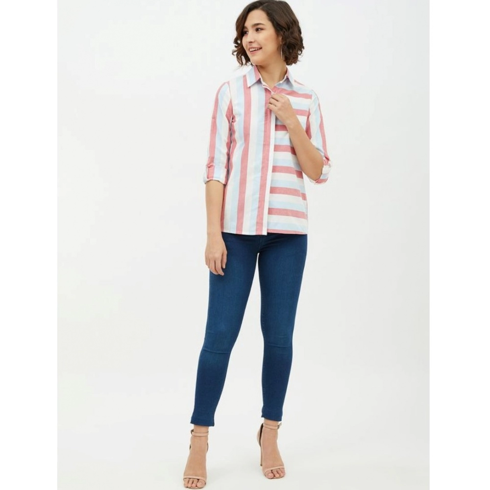 Cotton Striped Long Sleeves Standard Length Shirt (Pink) - Image 6