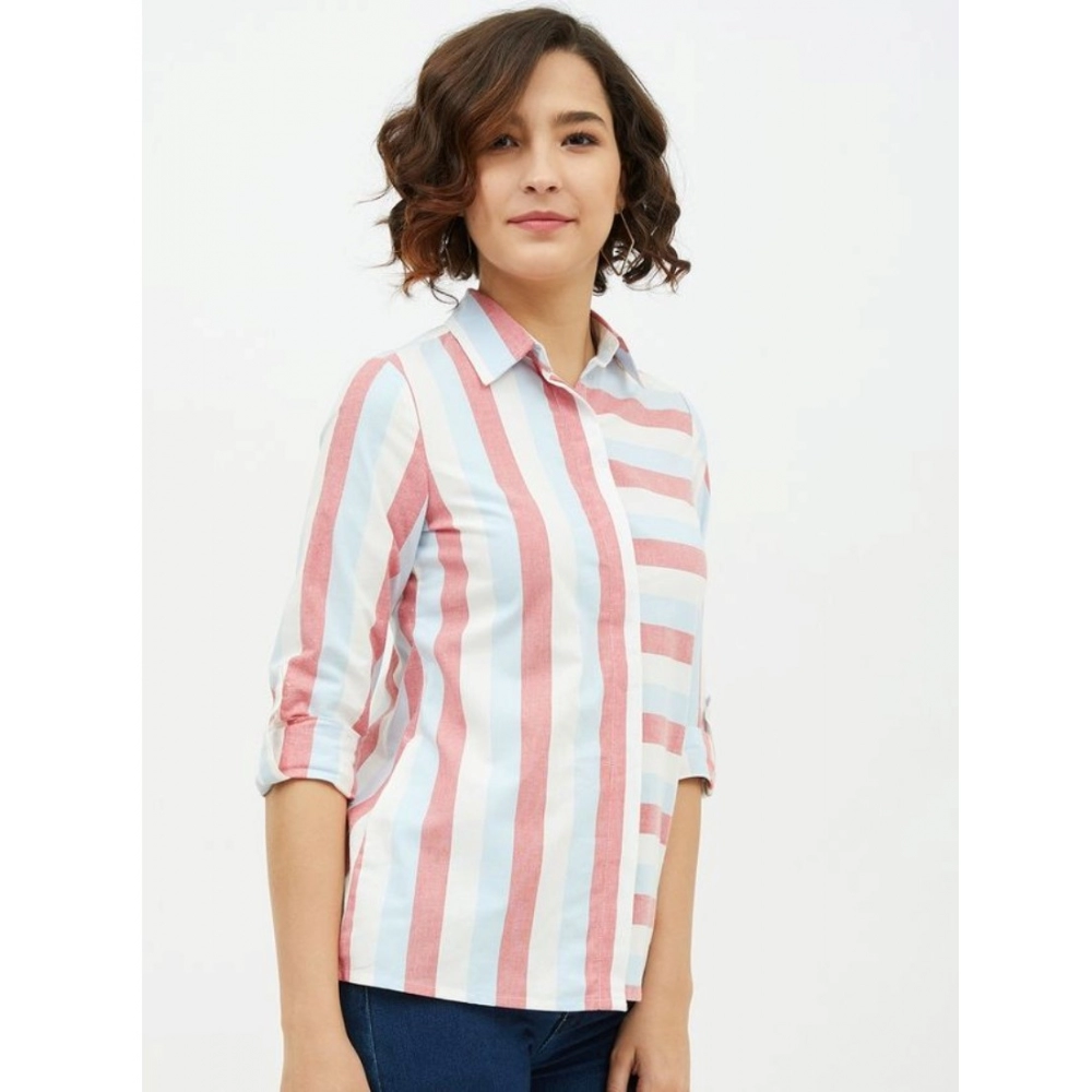 Cotton Striped Long Sleeves Standard Length Shirt (Pink) - Image 4