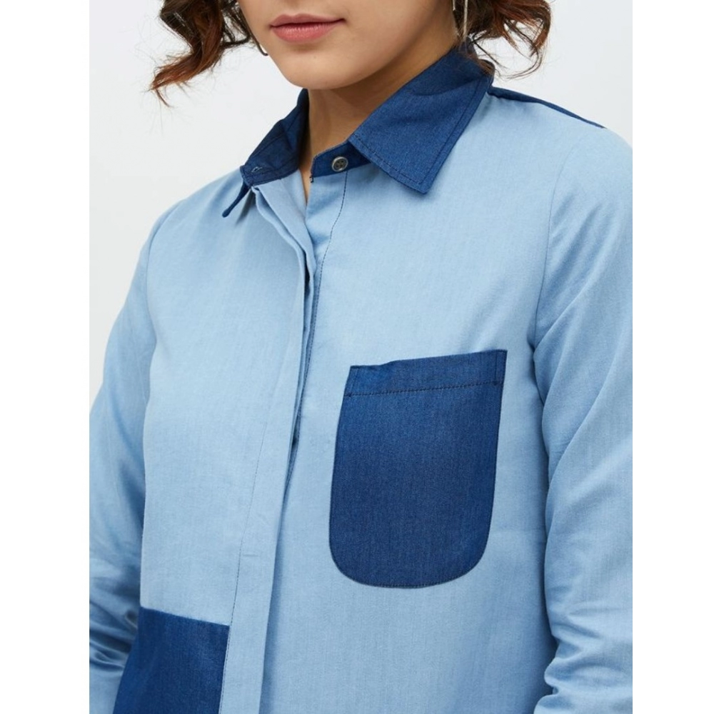 Denim Patch Work Long Sleeves Standard Length Shirt (Blue) - Image 2