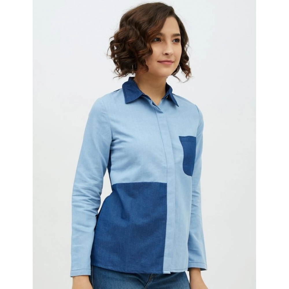 Denim Patch Work Long Sleeves Standard Length Shirt (Blue) - Image 4
