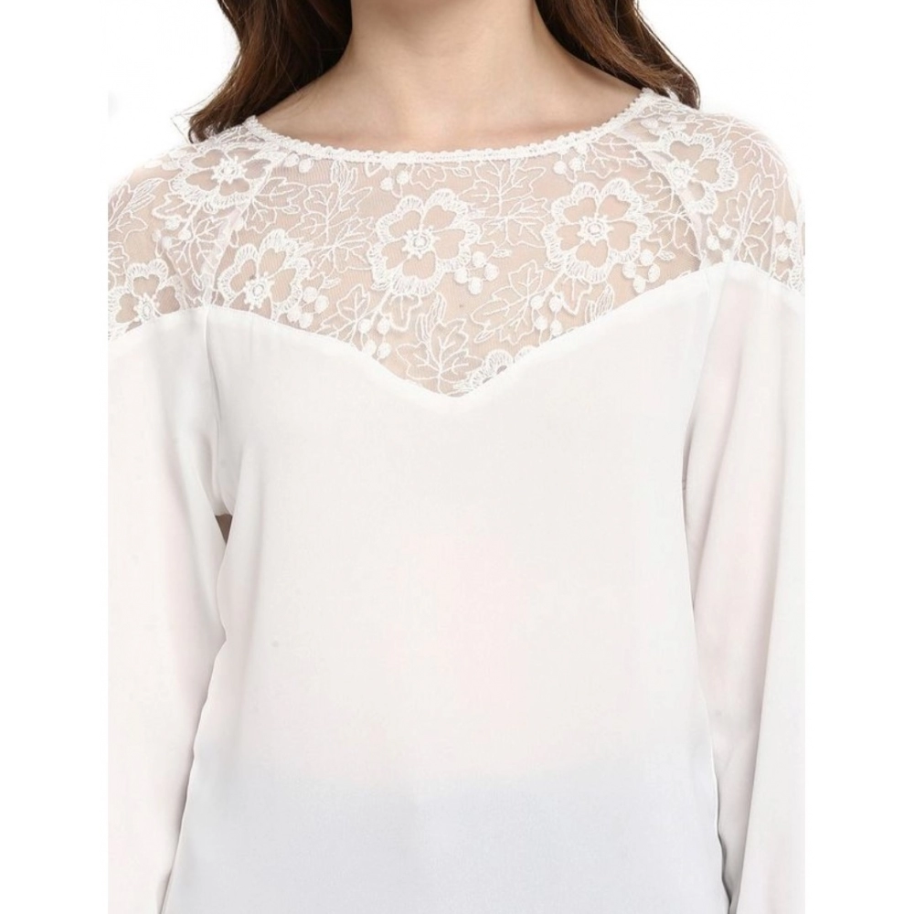 Polyester Georgette Self Design 3-4th Sleeves Regular Top (White) - Image 2