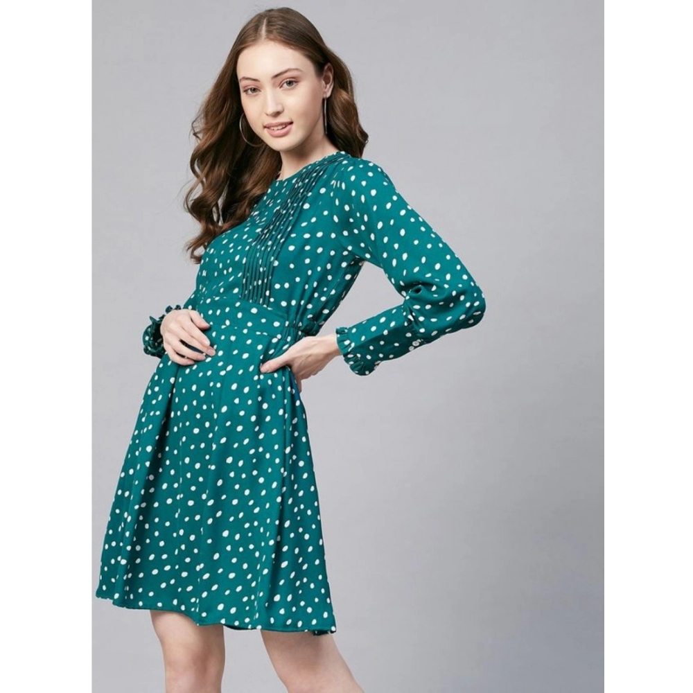 Polyester Polka Long Sleeves Above Knee Dress (Green - White) - Image 4