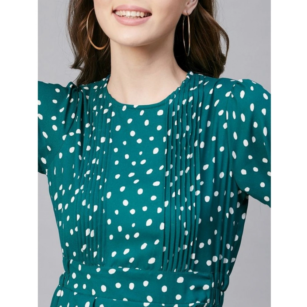 Polyester Polka Long Sleeves Above Knee Dress (Green - White) - Image 2