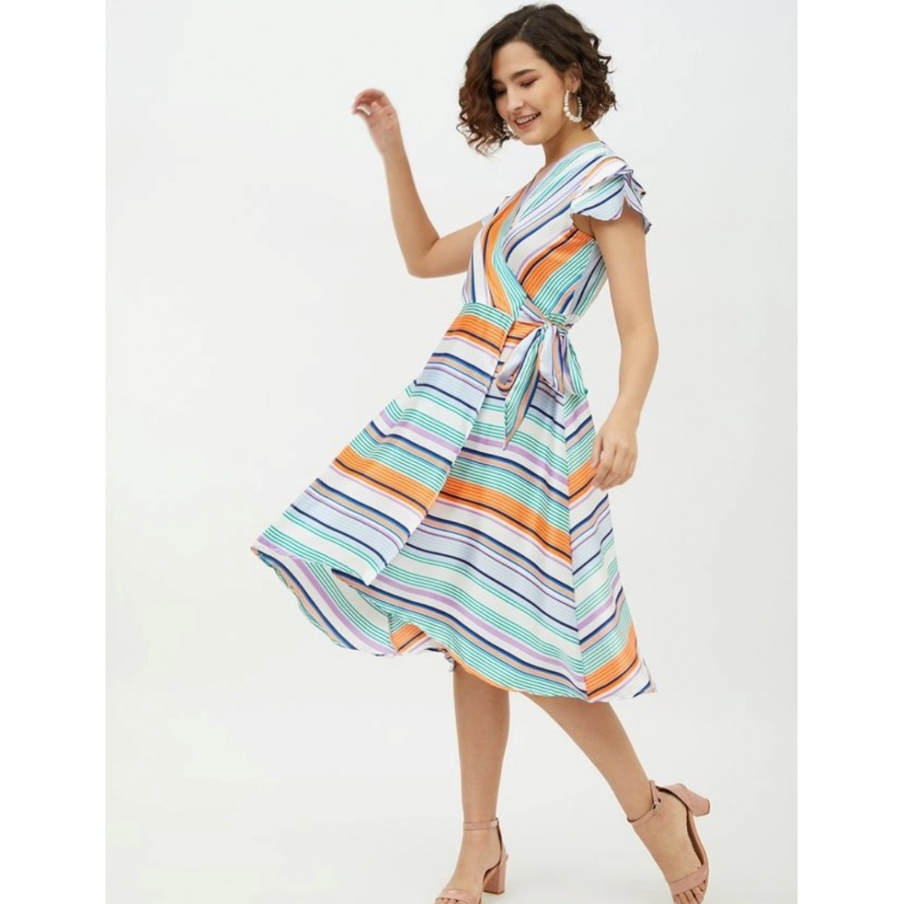 Satin Striped Short Sleeve Knee-Length Dress (Multicolor) - Image 6