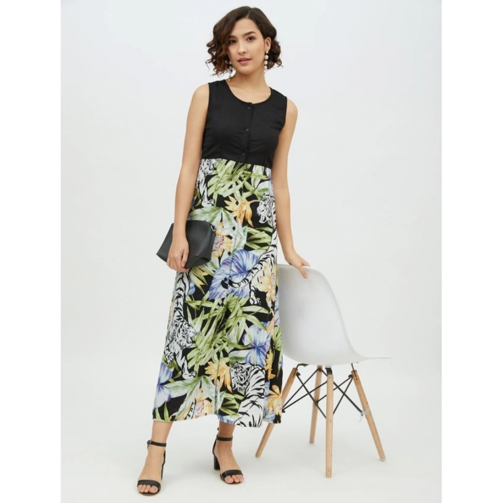 Rayon Floral Sleeveless Calf-length Dress (Multicolor) - Image 6