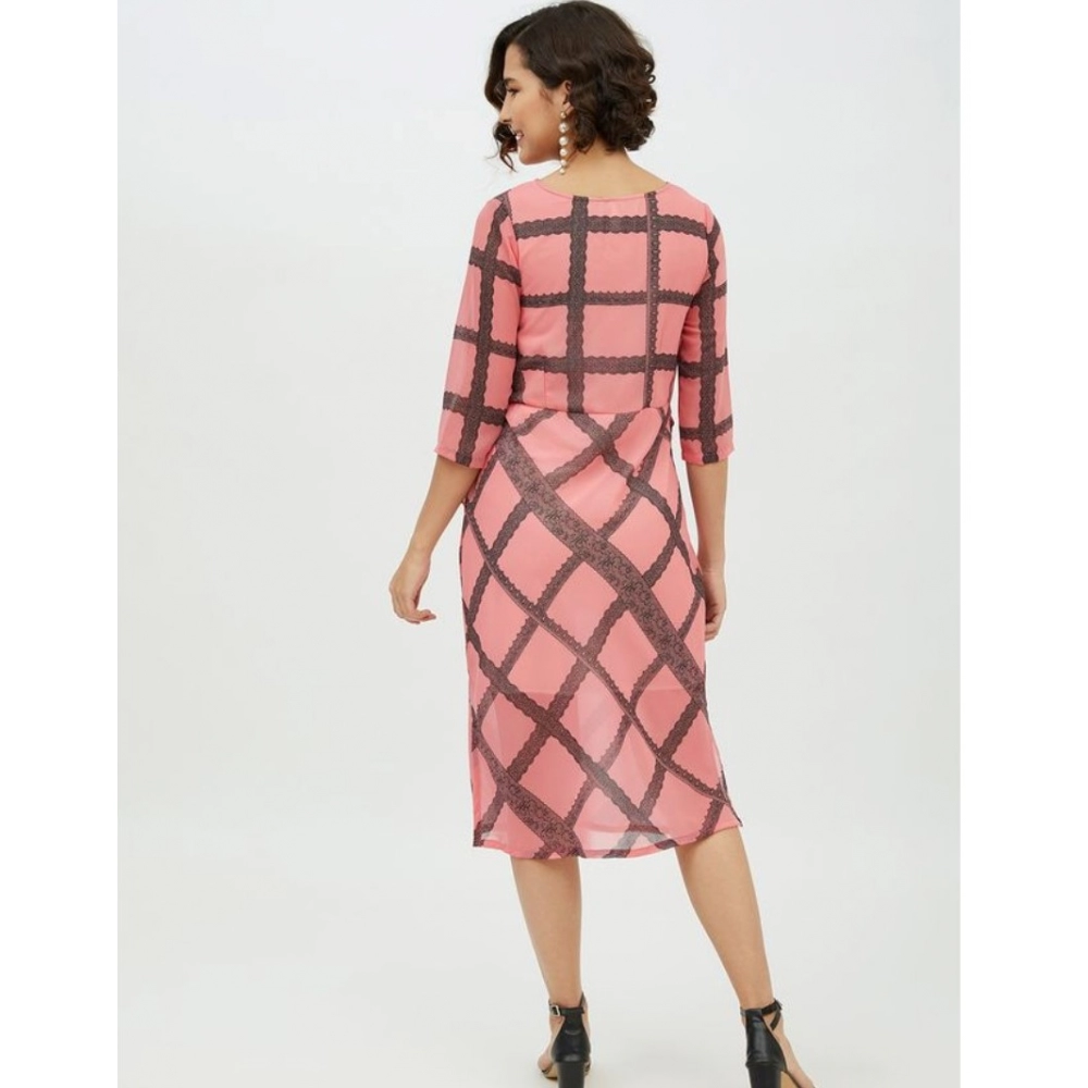 Polyester Checkered 3-4th Sleeves Below Knee Dress (Pink) - Image 7