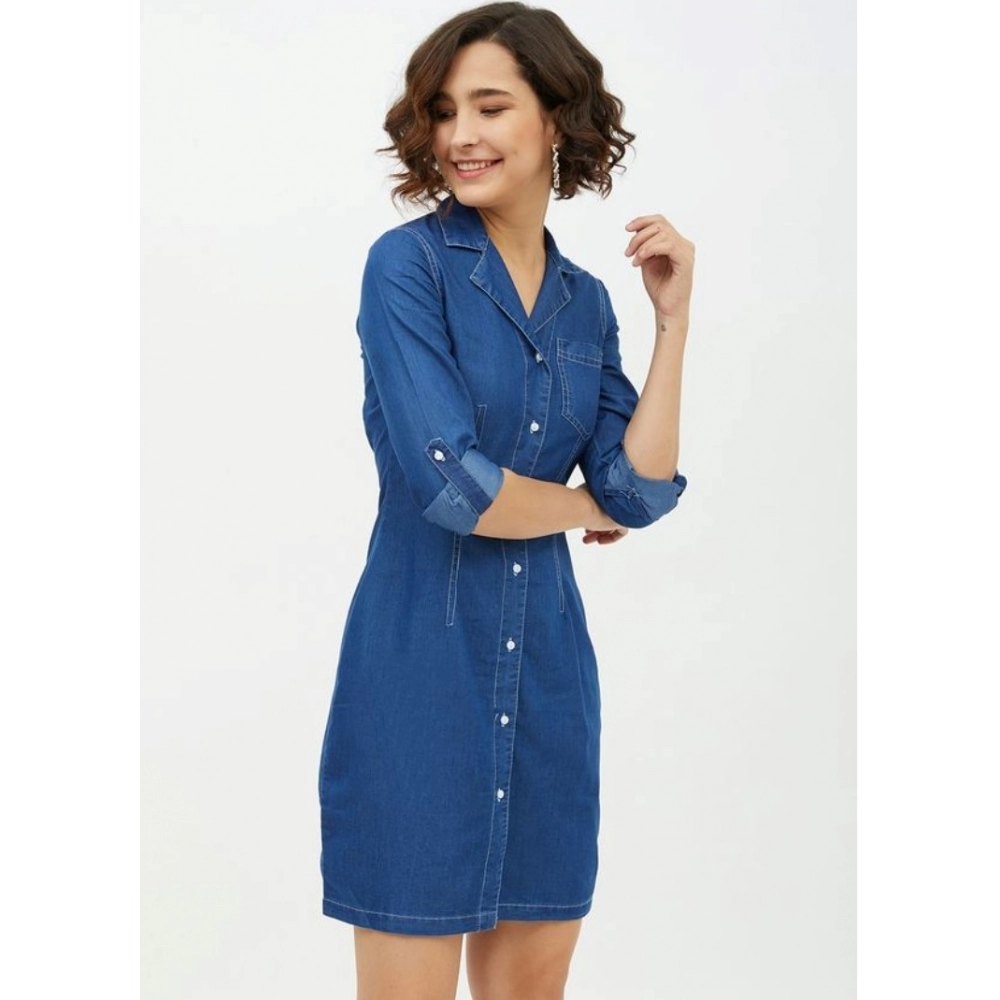 Denim Solid Long Sleeves Above Knee Dress (Blue) - Image 4