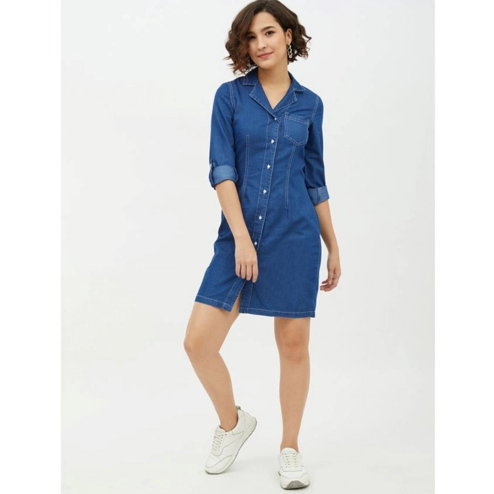 Denim Solid Long Sleeves Above Knee Dress (Blue) - Image 6