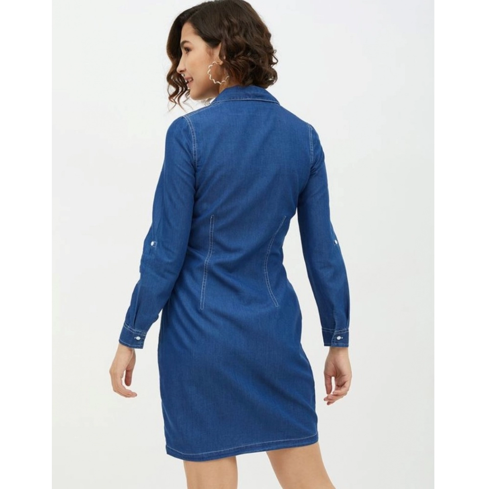 Denim Solid Long Sleeves Above Knee Dress (Blue) - Image 7