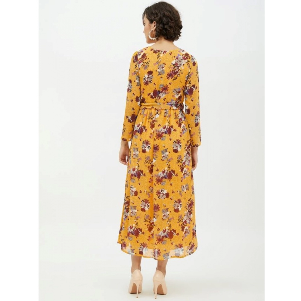 Polyester Floral Long Sleeves Calf-length Dress (Multicolor) - Image 7