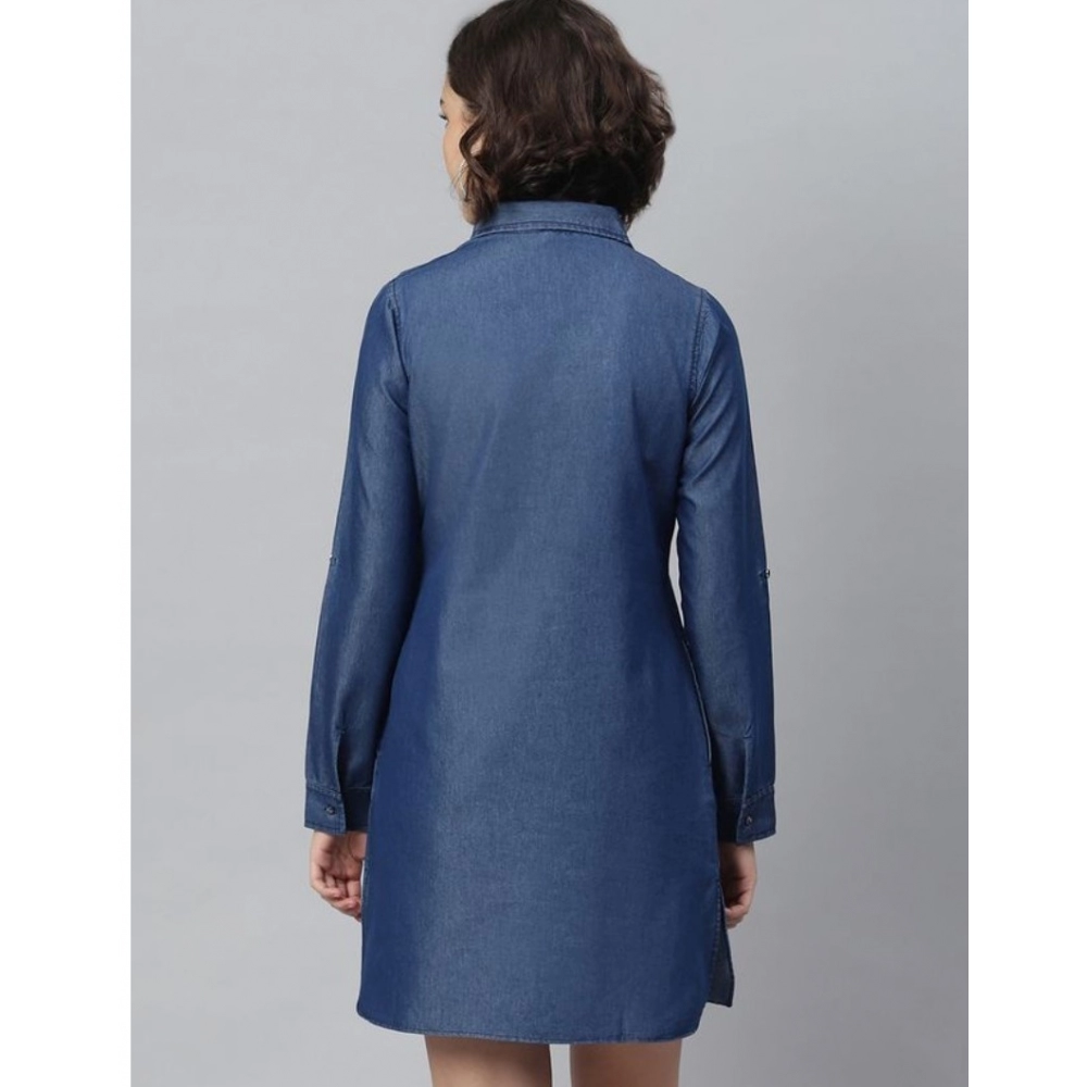 Denim Solid Long Sleeves Above Knee Dress (Navy Blue) - Image 6