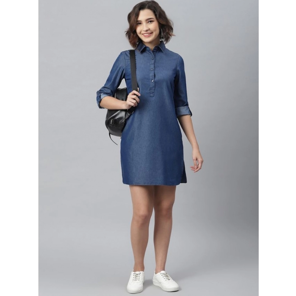 Denim Solid Long Sleeves Above Knee Dress (Navy Blue) - Image 5