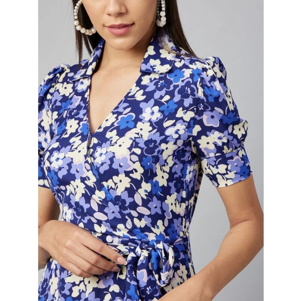 Polyester Floral Short Sleeve Above Knee Dress (Blue - Purple) - Image 2