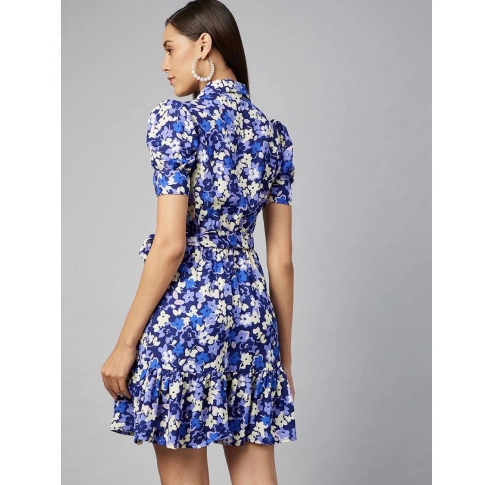 Polyester Floral Short Sleeve Above Knee Dress (Blue - Purple) - Image 7
