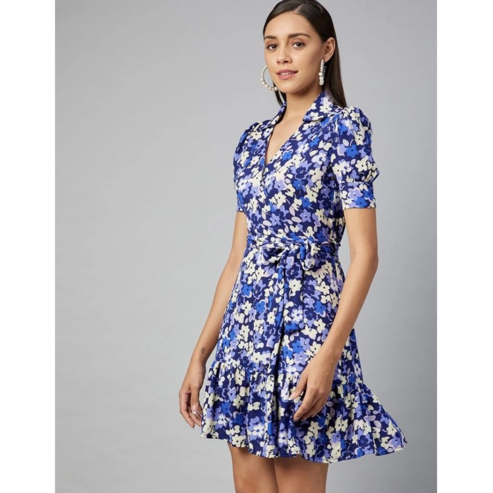 Polyester Floral Short Sleeve Above Knee Dress (Blue - Purple) - Image 4