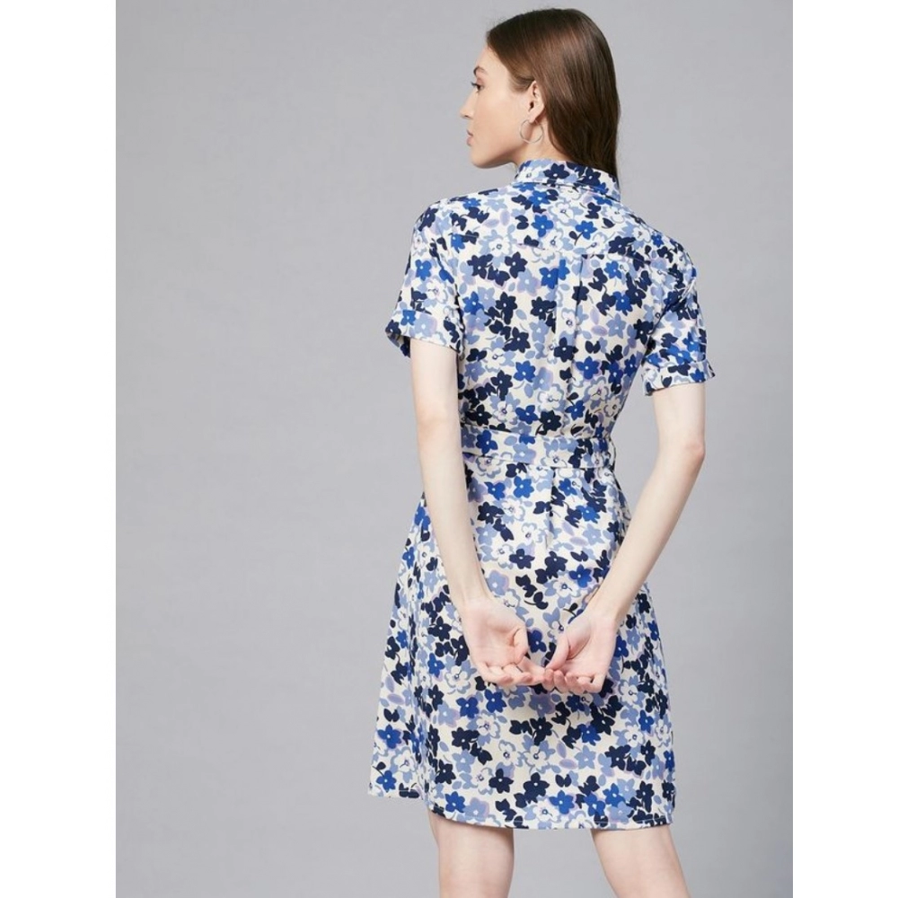 Polyester Floral Short Sleeve Above Knee Dress (Blue - White) - Image 7