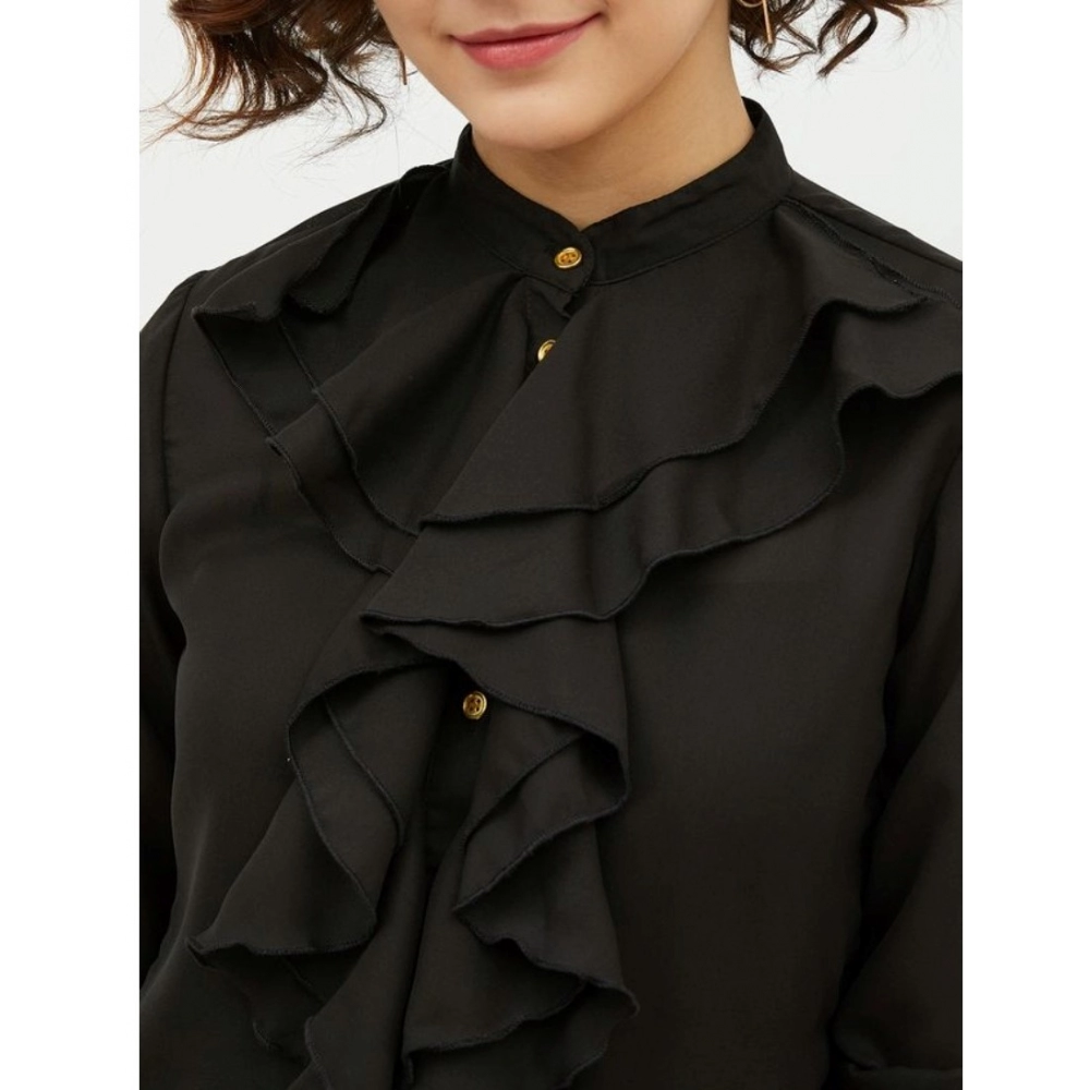 Polyester Ruffled Long Sleeves Standard Length Shirt (Black) - Image 2