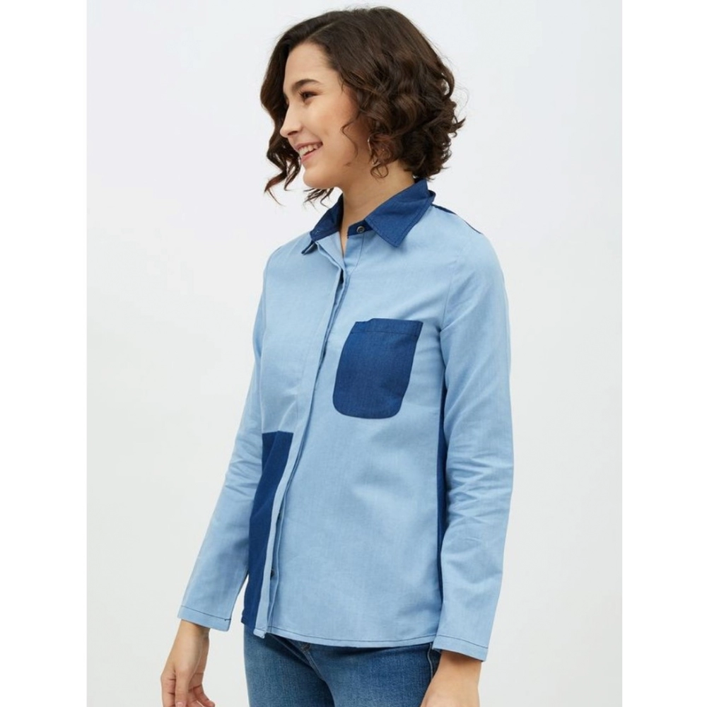 Denim Patch Work Long Sleeves Standard Length Shirt (Blue) - Image 3