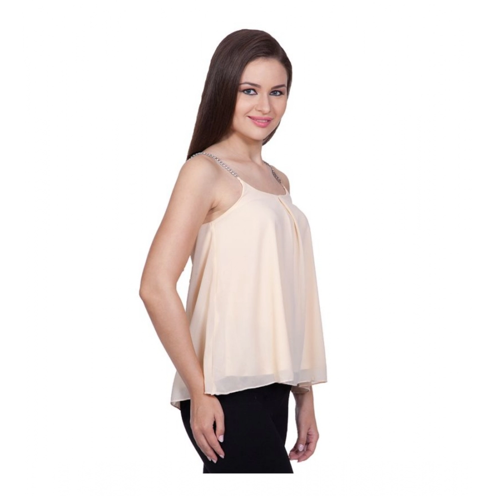 Polyester Solid Shoulder Straps Regular Top (Beige) - Image 5