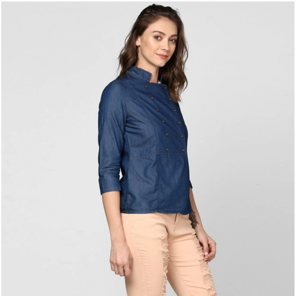 Denim Solid 3-4th Sleeves Top (Blue) - Image 2