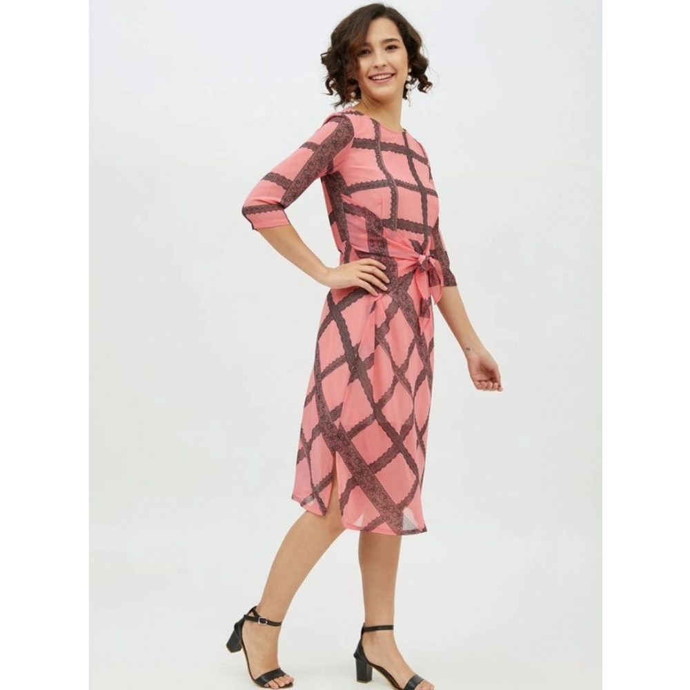 Polyester Checkered 3-4th Sleeves Below Knee Dress (Pink) - Image 4