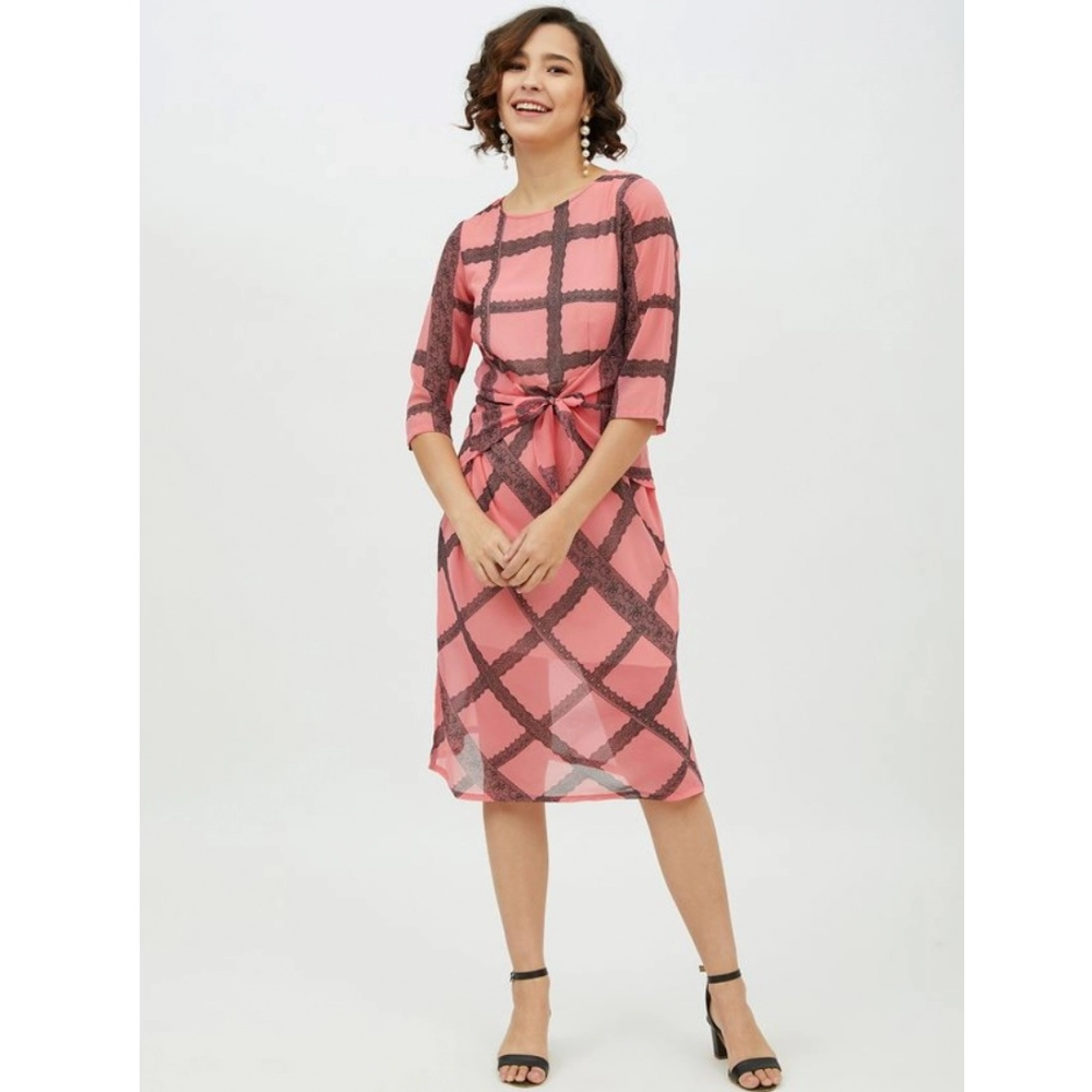 Polyester Checkered 3-4th Sleeves Below Knee Dress (Pink) - Image 6