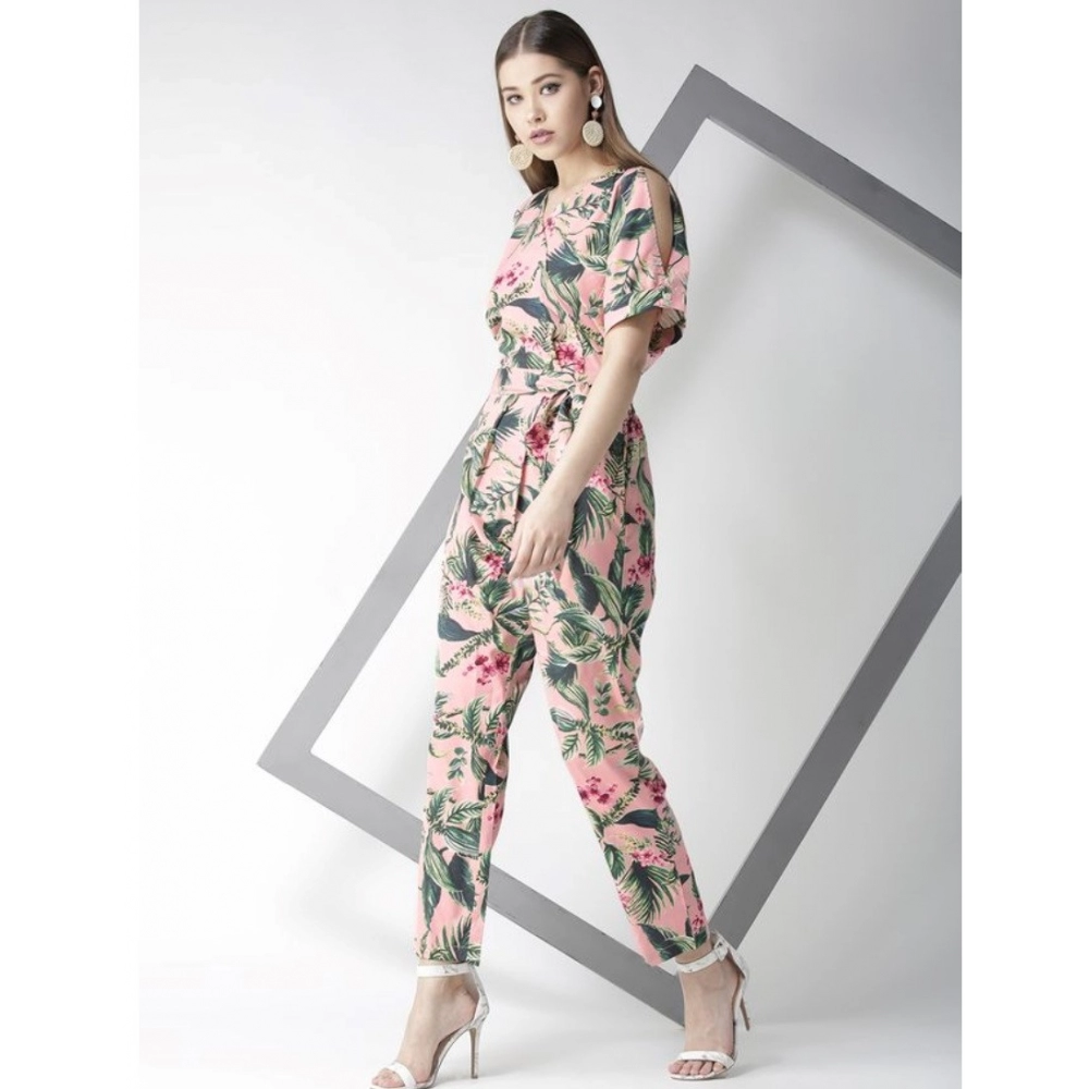 Polyester Floral Half Sleeve Jumpsuit (Pink) - Image 5