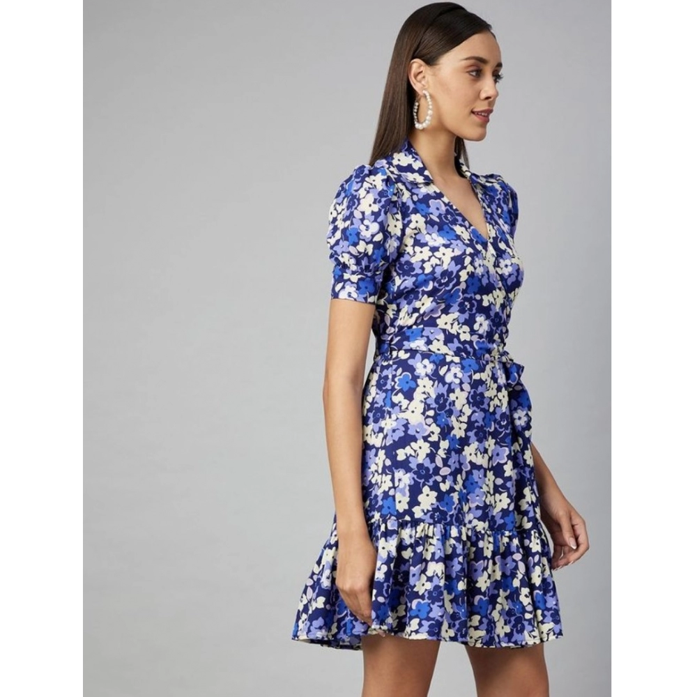 Polyester Floral Short Sleeve Above Knee Dress (Blue - Purple) - Image 3