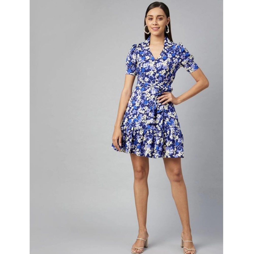 Polyester Floral Short Sleeve Above Knee Dress (Blue - Purple) - Image 6