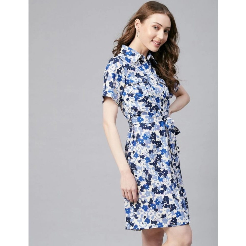 Polyester Floral Short Sleeve Above Knee Dress (Blue - White) - Image 3