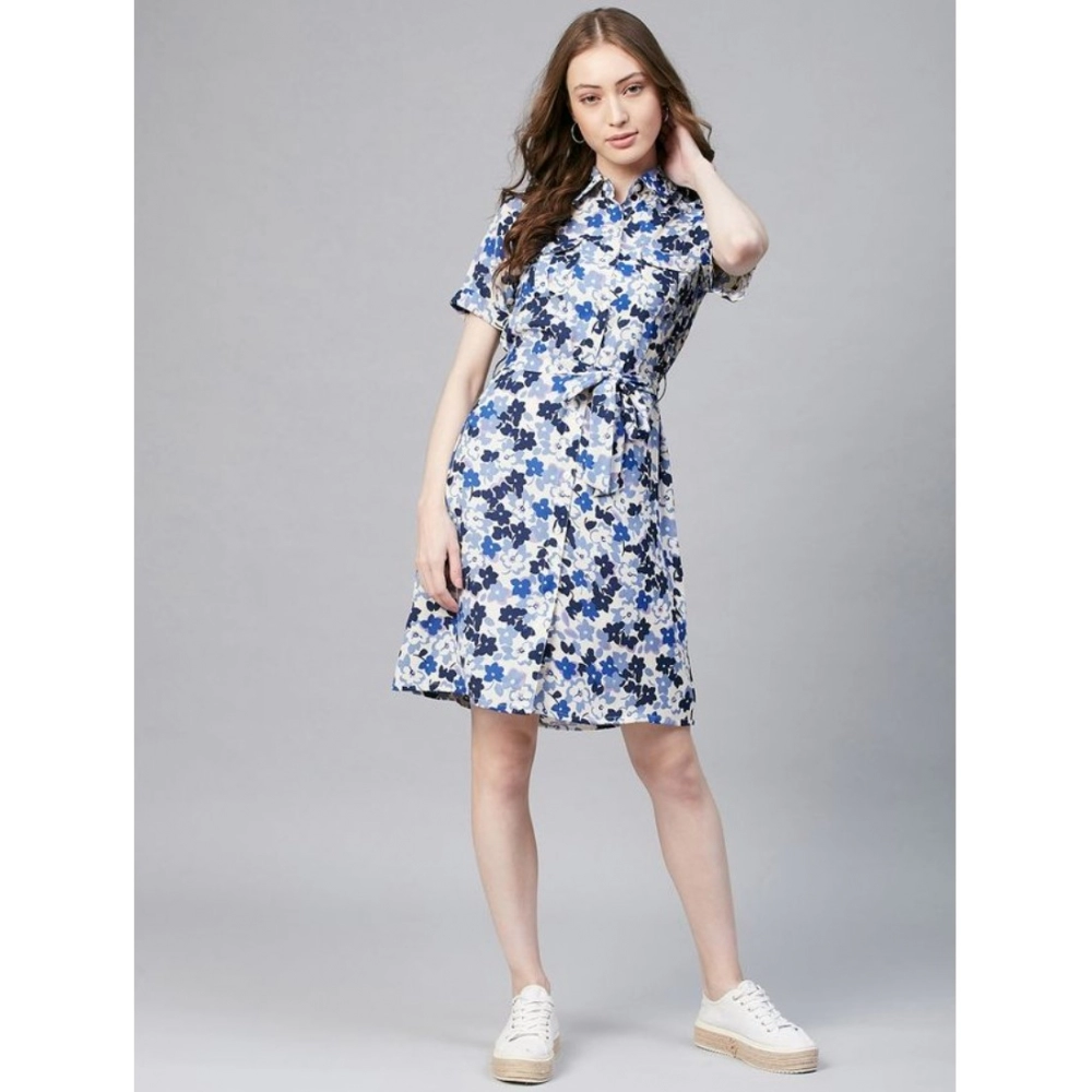 Polyester Floral Short Sleeve Above Knee Dress (Blue - White) - Image 6