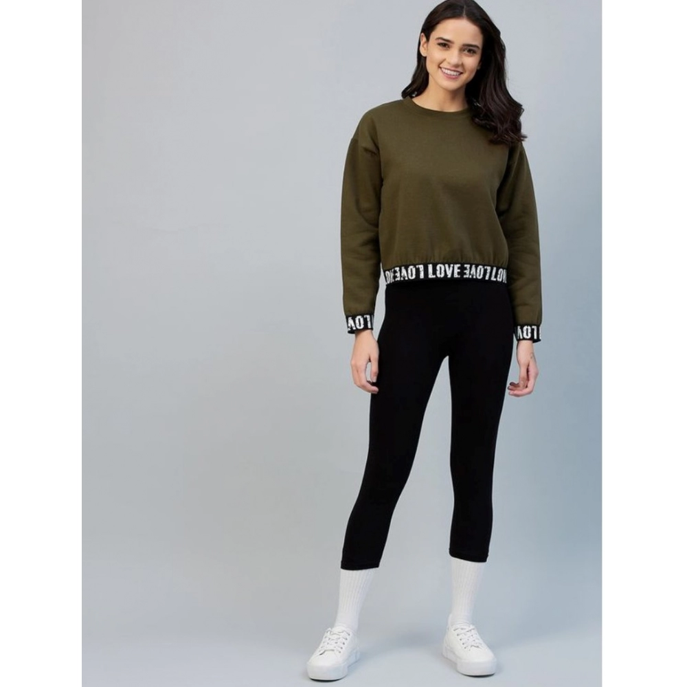 Fleece Solid Long Sleeves Sweatshirt (Olive) - Image 7